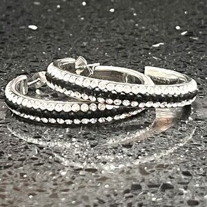 Pave Set BLACK WHITE Crystal Hoop SPARKLE Earrings Silver Stainless Steel
